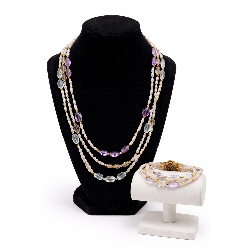 Vintage Gold Tone Biwa Rice Pearl Multicolor Quartz Bead Necklace Bracelet Set